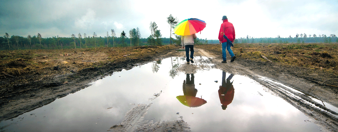 Wandelaars weerspiegeld in een regenplas